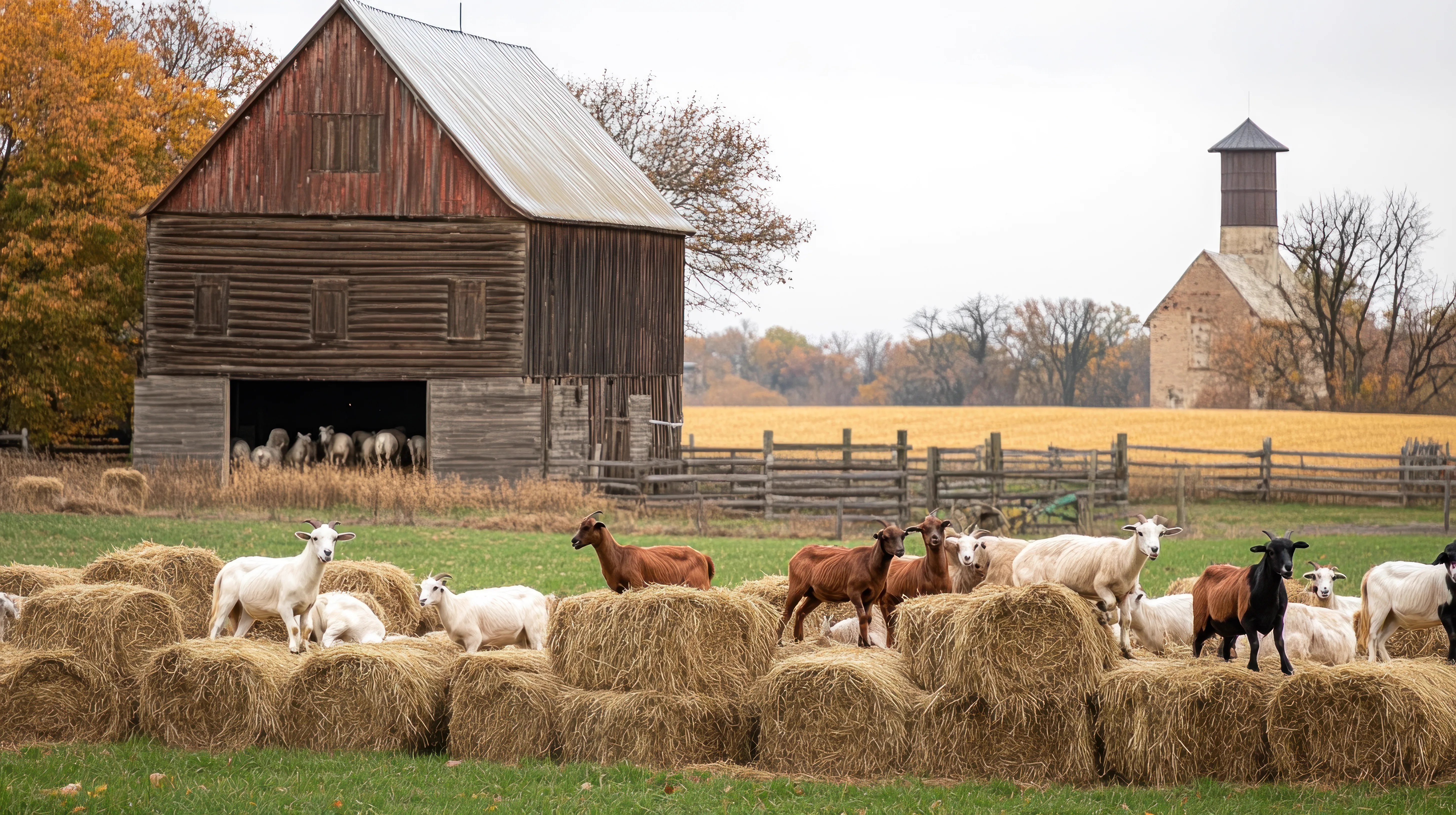 Our goats among the hay bales